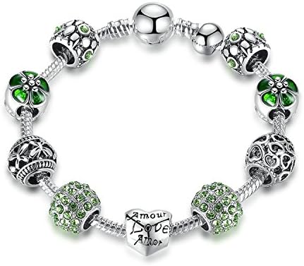 YouzhiWan007 Antique Silver Charm Bracelet &amp; Bangle with Love and Flower Crystal Ball Women Wedding Valentine's Day Gift PA1455 PA1504 21cm