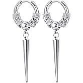 Men's Fashion Korea Style Stainless Steel Huggie Hinged Hoop Earrings with Long Chains Dangle Retro Feather Leaf Skull Awl for Men Women Boys