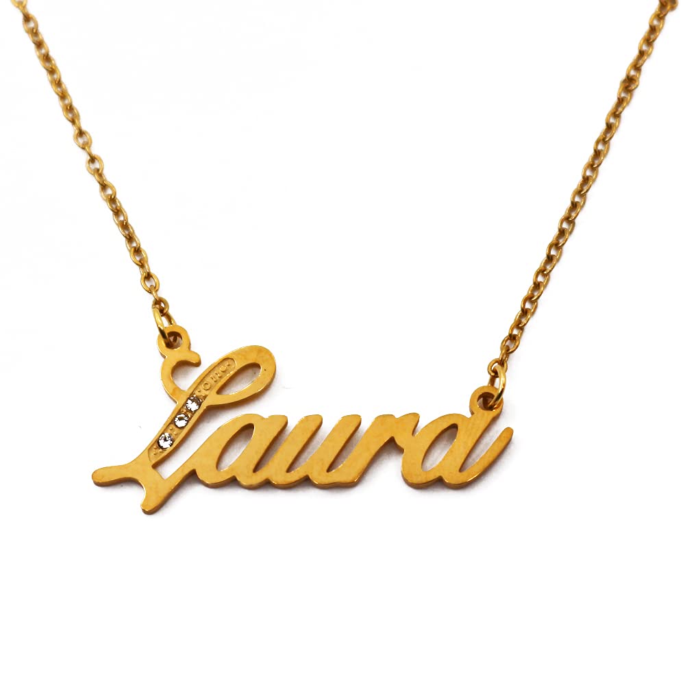 Kigu Name Necklace Laura - Gold Tone - Custom Name Necklace - Personalised Jewellery for Ladies- Customised Jewellery for Girls- Custom Pendant Laura