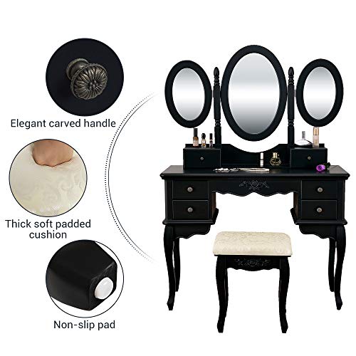 Vanity Makeup Table Set Tri-Folding Mirror Dressing Table with Padded Stool and 6 Drawers, Bedroom Vanity Table Writing Desk with Removable for Girls Women,Black