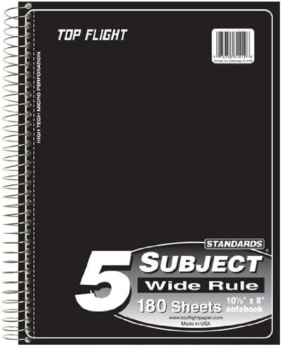Top Flight Standards 5-Subject Wirebound Notebook, 180 Sheets, 3-Hole Punched, Wide Rule, 10.5 x 8 Inches, 1 Notebook, Color May Vary (31414)