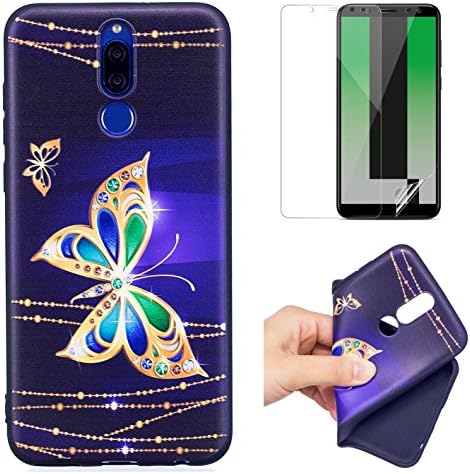 For Huawei Mate 10 Lite Case and Screen Protector,OYIME Luxury [Golden Butterfly] Relief Pattern Design Black Silicone Rubber Thin Bumper Drop Protection Anti-Scratch Protective Back Cover