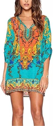 StellarChic Women Bohemian Neck Tie Vintage Printed Beach Summer Shift Dress (2-4/M, Caribbean Breeze)