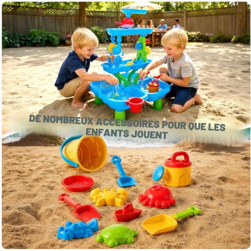 4 Tier Water Table for Children, 4 in 1 Water Games and Outdoor Sand with Accessories (Incl. Sand Mould, Shovel, Watering Can, Activity), Educational Activity Table for Boys and Girls Aged 3+