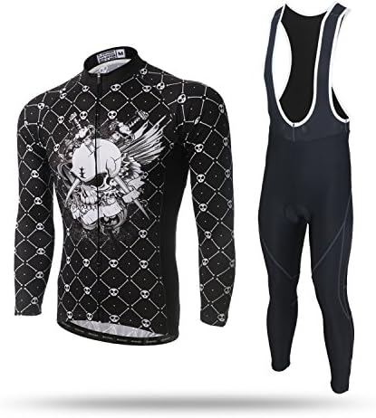 TeyxoCo Men's Grid Skull Black Long Sleeve Cycling Gel Pad Jersey Set