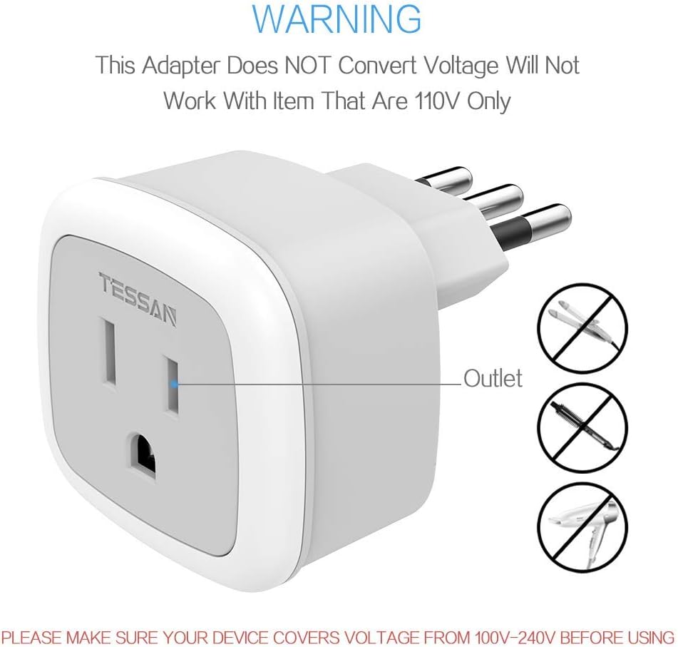 Type L Power Adapter TESSAN Italy European Travel Plug Adaptor 2 Pack