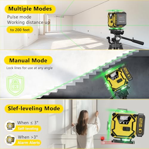 Laser Level 360 Self Leveling, 16 Lines 4×360° Green Pulse Mode Levels for Floor Tile Wall Picture Hanging Construction, 4D Leveler Outdoor Tool with 2 Rechargable Batteries Hard Carry Case