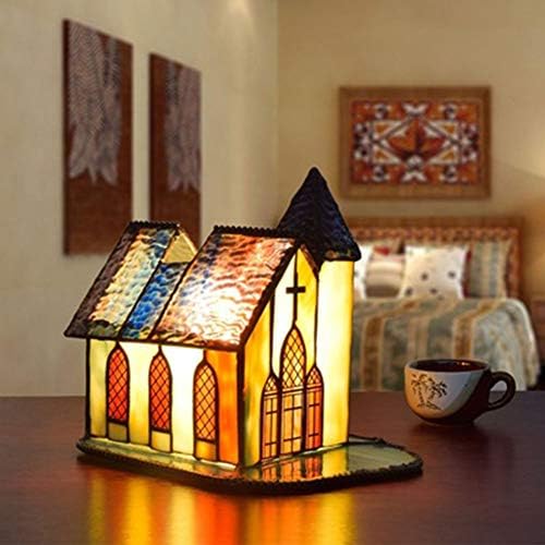 YXZN Small House Table Lamp Bedside Night Light Bar Church Glass Table Lamps Bedroom Study Decoration Lignts,A,21.5X17X17.5CM [Energy Class A]