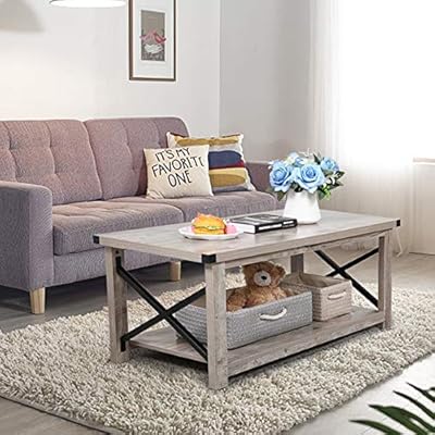 JAXSUNNY Modern Farmhouse Coffee Table with Storage Shelf, Wood Look Rustic Coffee Table w/Metal X Frame, Accent… 51eY9mtWfaL