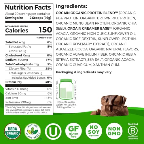 Orgain Organic Vegan Protein Powder, Creamy Chocolate Fudge - 21g Plant Protein, 6g Prebiotic Fiber, Low Net Carb, No Lactose Ingredients, No Added Sugar, Non-GMO, For Shakes & Smoothies, 2.03 lb