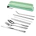 TIMGOU 7 PCs Flatware Set with Carry Case, Reusable 304 Stainless Steel Silverware of Fork, Knife, Spoon, Chopsticks, 2 Metal Straws and Cleaning Brush, Portable Travel Cutlery Set-Green