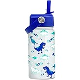 SANDJEST Dinosaur 12 oz Insulated Stainless Steel Water Bottle with Straw Lid - Thermos for Kids & Teens - School, Sports, Travel Cup