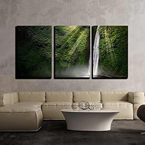 3 Piece Canvas Wall Art - Waterfall in The Tropical Forest. Munduk, Bali, Indonesia. - Modern Home Art Stretched and Framed Ready to Hang - 16"x24"x3 Panels