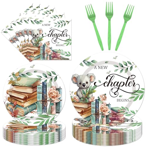 EUOYUFO Storybook Baby Shower Decorations - 96 PCS Storybook Plates Napkins Forks A New Chapter Begins Library Reading Book Club Party Decorations Book Themed Tableware Set Serves 24