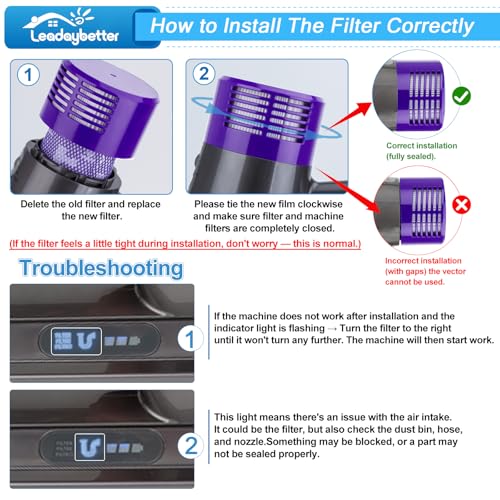Leadaybetter Vacuum Filter Replacement for Dyson V10 Cyclone Animal Absolute Motorhead Total Clean, SV12, SV27, Replaces Part No. 969082-01 (2 Pack Filters and 1 Clean Brush)