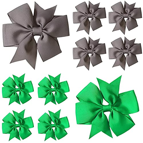 Emerald Green Grey Girls School Hair Bows Clips Slides Grips 3" Inch Pinwheel Soft Vibrant Ribbon 10pcs (5x Grey / 5x Green)