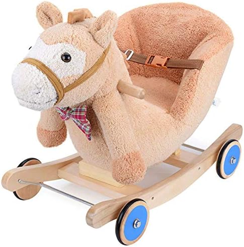 TONGSH Child Rocking Horse Plush Rabbit Rocker Toy with Wheels and Seat Belt Wooden Rocking Horse/Kid Rocking Toy/Baby Rocking Horse/Rocker/Animal Ride On (Color : Beige, Size : B)