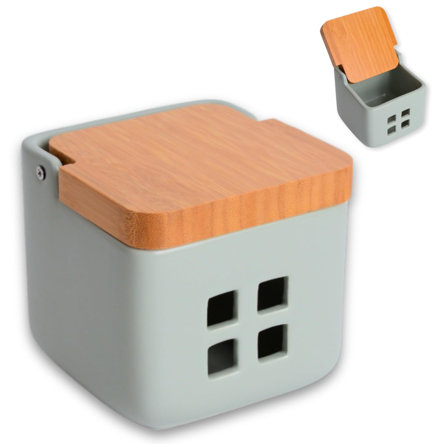 KOOK TIME Ceramic Garlic Keeper with Bamboo Swivel Lid | Garlic Storage Pot with Ventilation Holes for Freshness | Matt Sage and Natural Bamboo, 11.5 x 11.5 x 11.5 cm