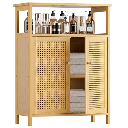 HITNET Rattan Storage Cabinet, Bathroom Cabinet with 2 Doors, Bamboo Free Standing Side Organizer for Living Room, Kitchen, Entryway, Natural