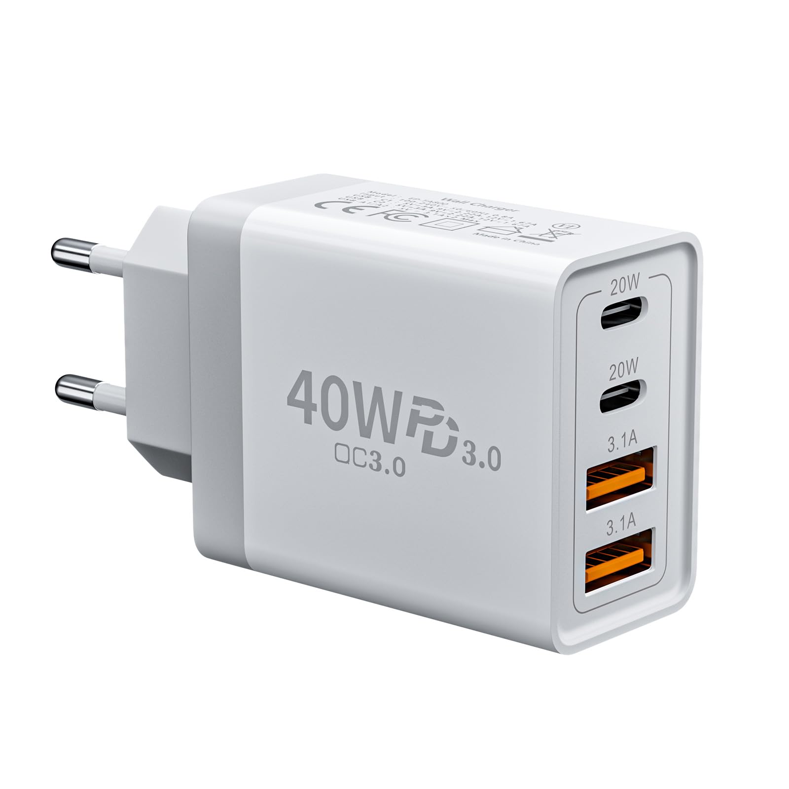 USB C Ladegerät, 40W 4-Ports Mehrfach Ladegerät mit USB-C und USB A, Schnellladegerät PD3.0 Power Adapter USB Netzteil Stecker für iPhone 17/16/15/14/13/12/11/Pro Max/XS/XR, iPad Samsung Galaxy S25