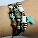 MORE FUN Turquoise Cross Pendant Black Handmade Leather Wrap Bracelet, Adjustable