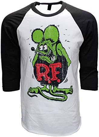 Rat Fink ED Roth Big Daddy Baseball Tee 3/4 Sleeve Raglan Jersey White/Red. (XL, White/Black)