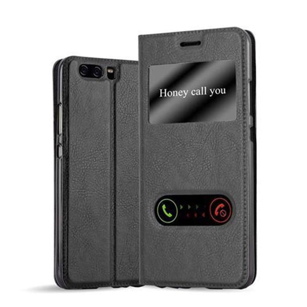 cadorabo Book Case works with Huawei P10 in COMET BLACK - with Magnetic Closure, 2 Viewing Windows and Stand Function - Wallet Etui Cover Pouch PU Leather Flip