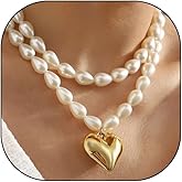 2Pcs Gold Pearl Heart Necklace for Women,Pearls Beaded Choker Puffy Heart Pendant Necklace,Vintage Chunky Layered Stackable Neck Jewelry