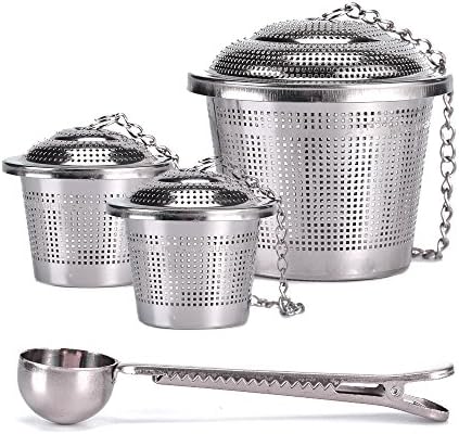 Tea Infuser Set (3+1 Pack) - Premium Stainless Steel Tea Strainers Mesh Tea Ball Tea Strainer Filters Tea Interval Diffuser for Tea - Includes 3x Single Cup Infusers, 1x Tea Scoop with Bag Clip