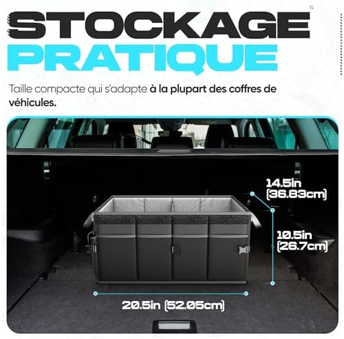 Organiseur de coffre de voiture, pliable, plusieurs compartiments, rangement pliable pour accessoires de voiture, fond antidérapant, sangles de sécurité, couvercle souple, 50 L (Noir, Standard)