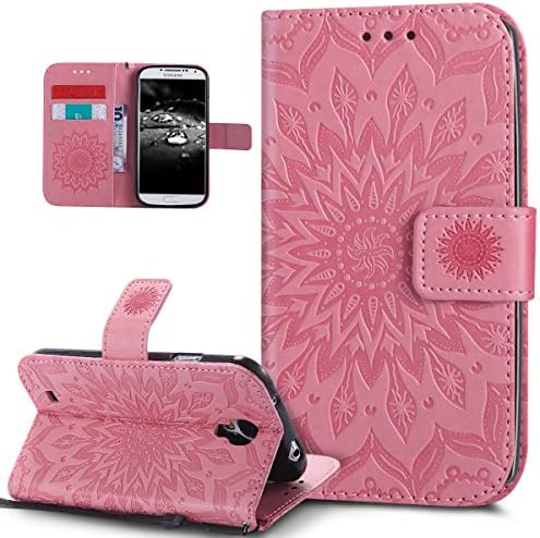 Galaxy S4 Case,Galaxy S4 Cover,ikasus Embossing Mandala Flowers Sunflower PU Leather Magnetic Flip Folio Kickstand Wallet Case with Card Slots Protective Case Cover for Samsung Galaxy S4 i9500,Pink