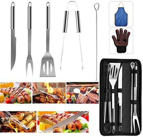 Alybrol BBQ Grill Tool Set with 11 Piece Stainless Steel Barbecue Grilling Accessories with Case Knife Spatula Tongs Skewers (Apron and Heatproof Glove Gifts)