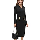 DinDinCAT Women's Fall V Neck Business Work Dress Long Sleeve Bodycon Midi Elegant Office Sheath Dress