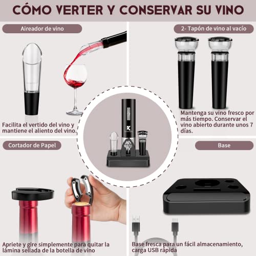 Sacacorchos Eléctrico Inalámbrico, Kaisangtu Automatico Abrelatas de Vino USB Recargable Vertedor de Vino con Cortador de Papel, 2 Tapón de Vino Silicona de Vacío, Base, Caja de Regalo