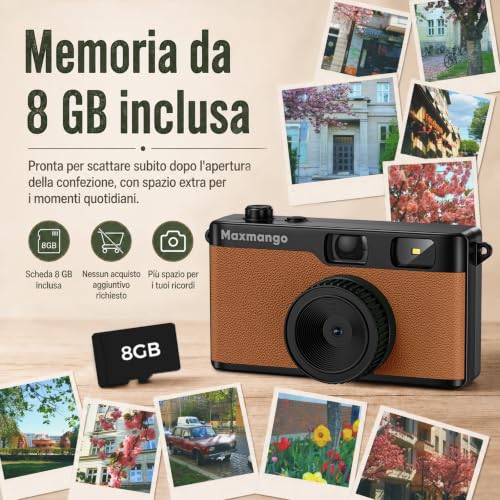 Maxmango D53 Compact Digital Camera Without Screen, Vintage Retro Camera 12 MP Capture Real Moments, Downloadable DIY Filters, USB-C, 8 GB SD Card Included, Up to 4000 Photos (Brown)