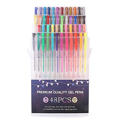 SHIQI Gel Pens Set For Adult Coloring Books 48 Unique Color Glitter,Neon,Metallic For Drawing Standard,Fluor,Pastel,Metallic