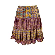 Mogul Interior Women's Swing Skirt Flared Short Tiered Printed Recycled Silk One Size