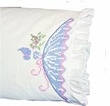 Fairway Needlecraft 82519 Vintage Ruffled Edge Pillowcases, Cross Stitch Lady Design, Standard, White