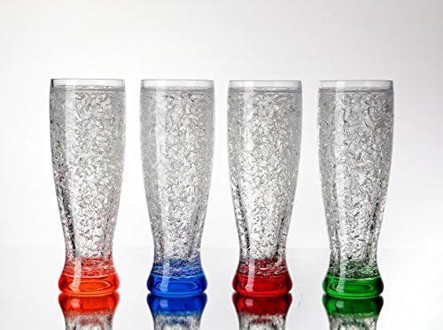 JF Double Wall Gel Frosty Freezer Mugs Set Pilsner Shape 16Oz (Red, Blue, Orange, Green)