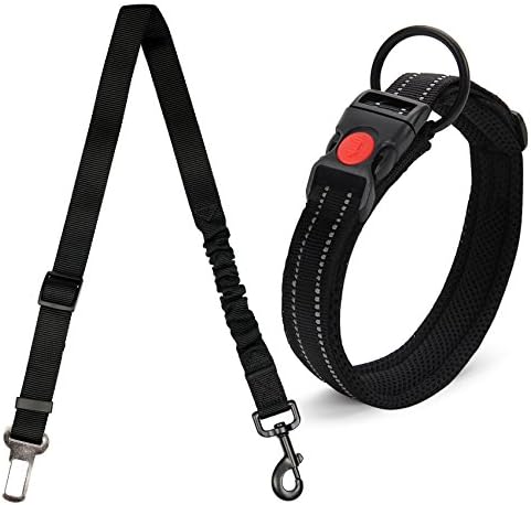 Adjustable Nylon Pet Dog Seat Belt Plus Dog Collar Safety Lock Buckle, SINGARE Vehicle Car Harnesses Seatbelt Tether Leash with Elastic Bungee Buffer with Soft Reflective Padded Pet Collars for Medium