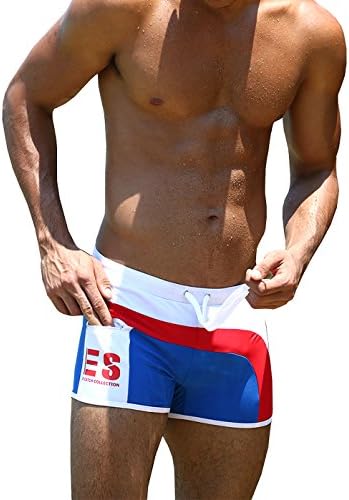Men's Splicing Square Leg Swimsuit Pocket Swim Briefs S, Sky Blue