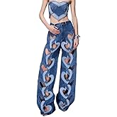 WUMODA Women's High Rise Jeans Fashion Heart Cutout Jeans Baggy Straight Wide Leg Jeans with Pockets