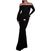 Unybwonn Sexy Off Shoulder Maxi Dress for Women Bodycon Stretchy Long Sleeve Wrap Dresses Party Cocktail Mesh Dresses