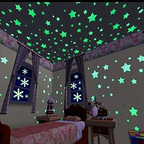 Fecedy® Blue 200pcs Plastic 3D Stars Glow in the Dark Fluorescent Wall Stickers Decal For Kids Room