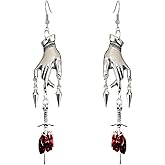 KOFISNI Gothic Silver Heart Earrings for Women Handmade Crystal Anatomical Heart Dangle Drop Earrings Silver Hand Sword Statement Earrings Halloween Trendy Jewelry Gift for Women