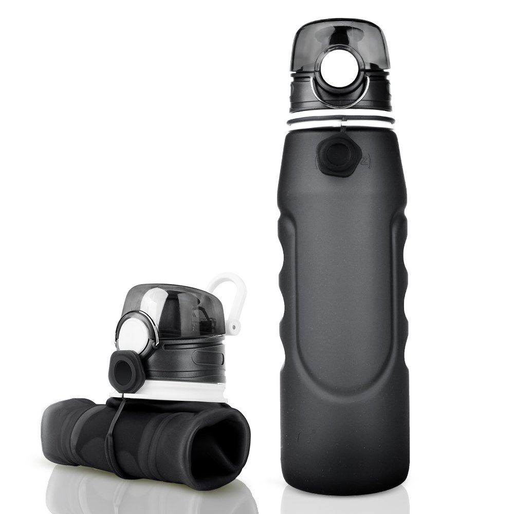 Collapsible Water Bottle,Folding Silicone Water Bottle,MeanLove Outdoor Sports 1000 ml/34 Ounce Portable Silicone Water Bottle Leak Proof Twist Cap,34 Ounce（34 OZ）/ 1 L Water Bottle (Black Gray, 1000 ml / 35 Ounce)