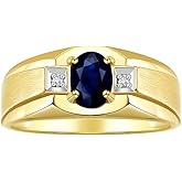 Rylos Men's Rings Classic Design 7X5MM Oval Gemstone & Sparkling Diamond Ring - Color Stone Birthstone Rings for Men, Yellow Gold Plated Silver Rings in Sizes 8-13.