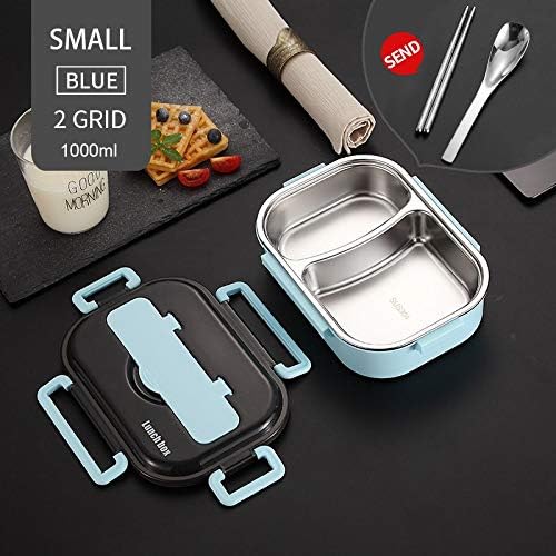 MENGQIZHUANGDAI Easy to carry Japanese Bento Box With Compartments 304 Stainless Steel Lunch Box For Kids Microwave Food Container With Tableware Set (Color : 1000ml 2 Grid Blue)