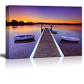 Canvas Prints Wall Art - Beautiful Scenery of Little Boats Moored to a Jetty/Pier at Sunset | Modern Wall Decor/Home Decoration Stretched Gallery Canvas Wrap Giclee Print & Ready to Hang - 12" x 18"