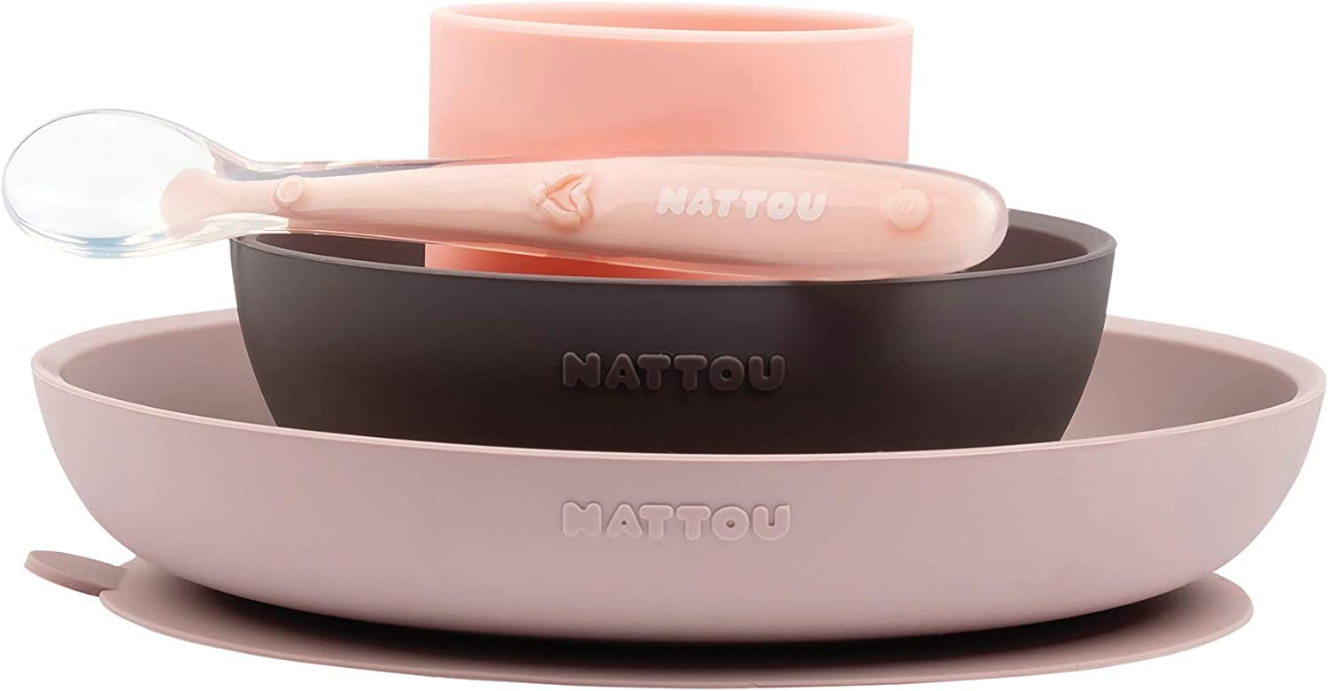 Nattou Feeding Dinner Set or Tableware (Plate, Bowl, Cup, Spoon), Baby-Led Weaning, BPA Free Silicone, 100 Percent Recyclable Packaging, 4-Piece Set, 4 Months+, Pink and Eggplant Color